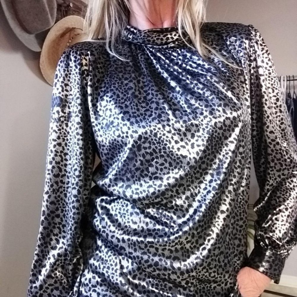 Vintage Blouse Black silver Metallic High Neck - Picture 1 of 8